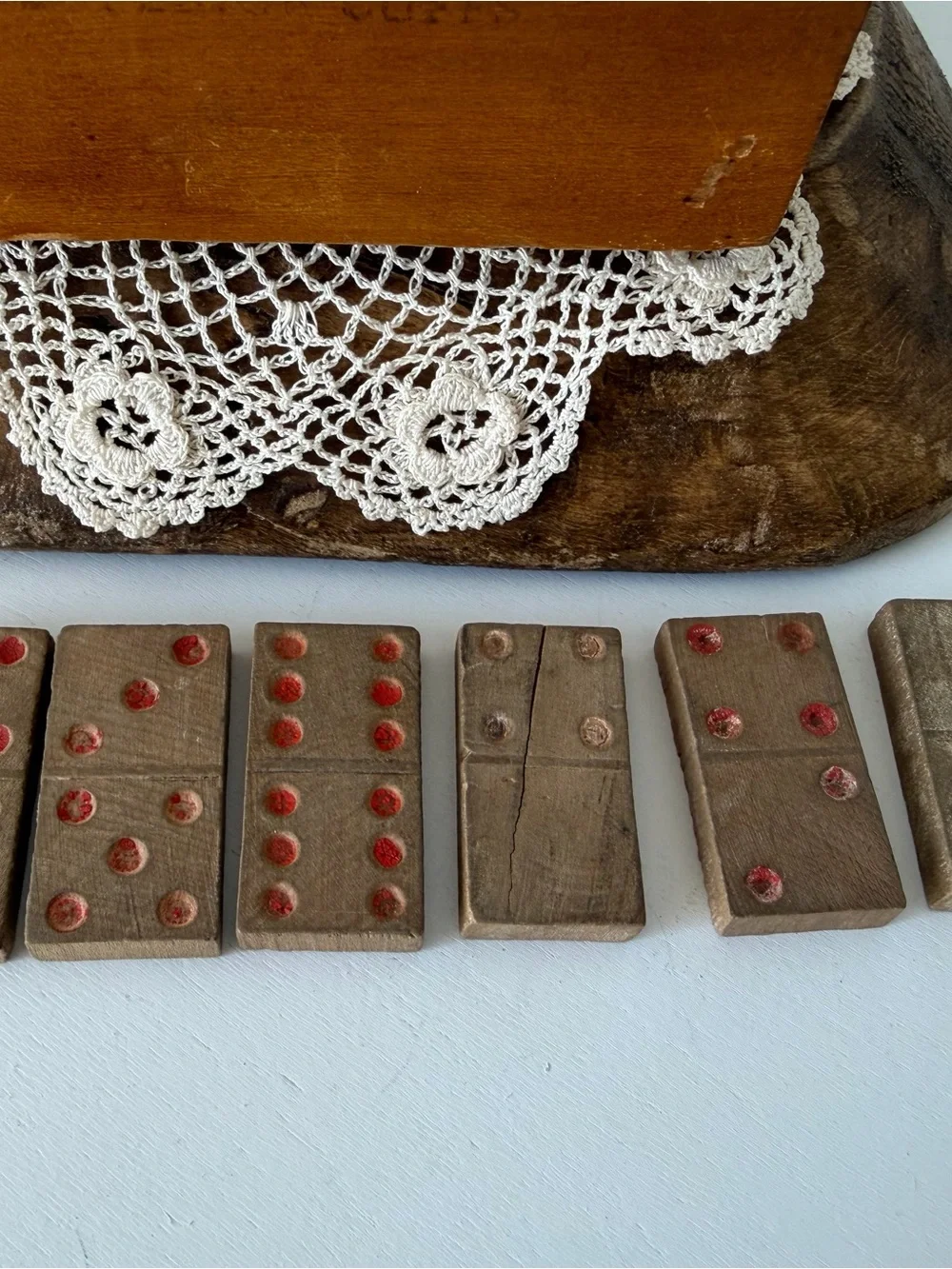 Vintage Box with Latch and Old Wood Dominoes